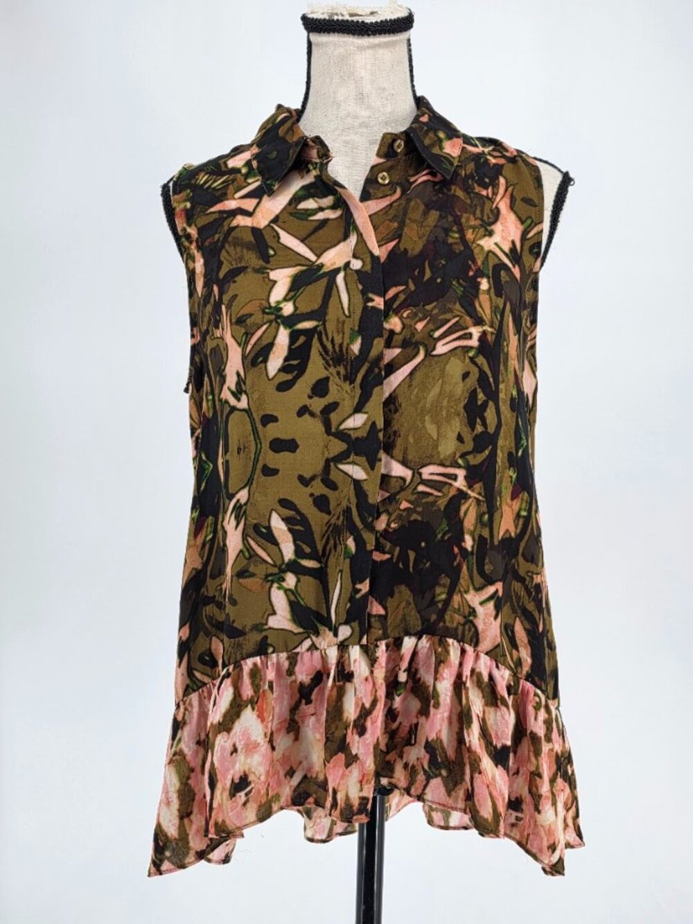 Catherine Malandrino Geno Blouse S Tiki Palm Ruffle Sleeveless Chiffon Top Small